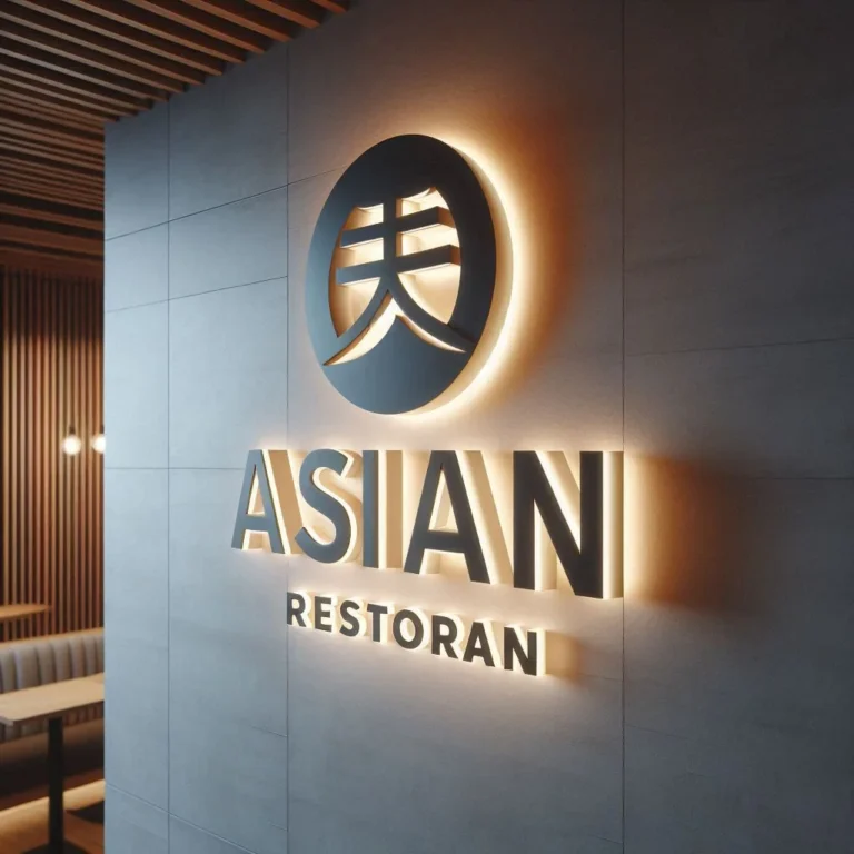Restoran dış cephesi için tasarlanmış şık arkadan aydınlatmalı ışıklı tabela örneği.