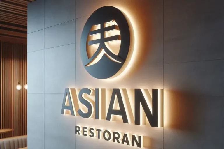 Uzak Doğu restoranı için hazırlanmış şık siyah arkadan aydınlatmalı cephe tabela örneği.