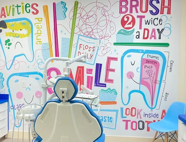 Diş kliniği duvarında kullanılan çocuklara özel eğlenceli vinil tabela fikri.